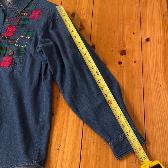 SUSAN BRISTOL Fall Denim Shirt Women Long Sleeve Tartan Patched Chambray Medium - Picture 14 of 14